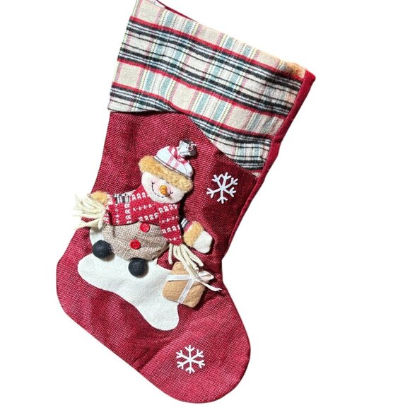 Red Christmas Stocking 17" With Snowman Applique & Plaid Cuff Festive Holiday De - Picture 2 of 6